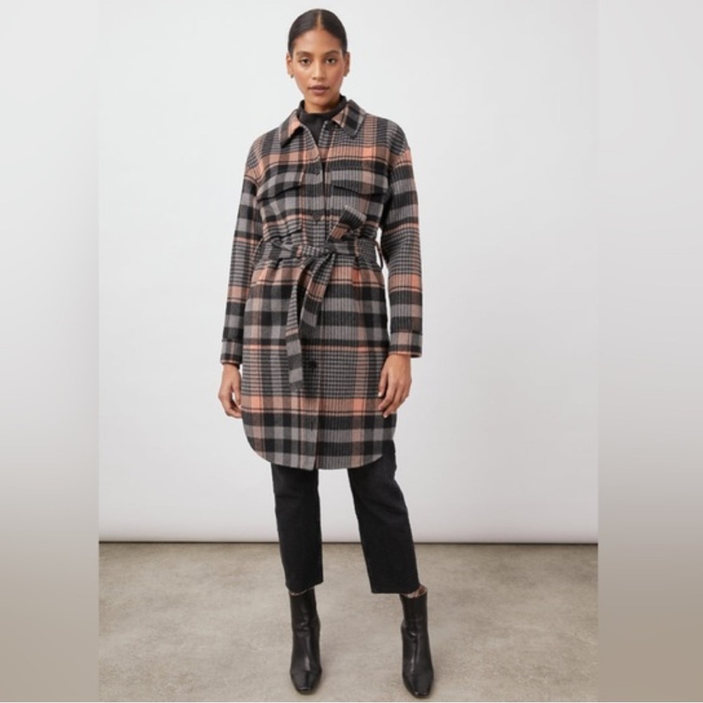 Rails Melina Coat Mid Length Wool Blend w/ Tie in Soft Pink/Black Plaid Medium